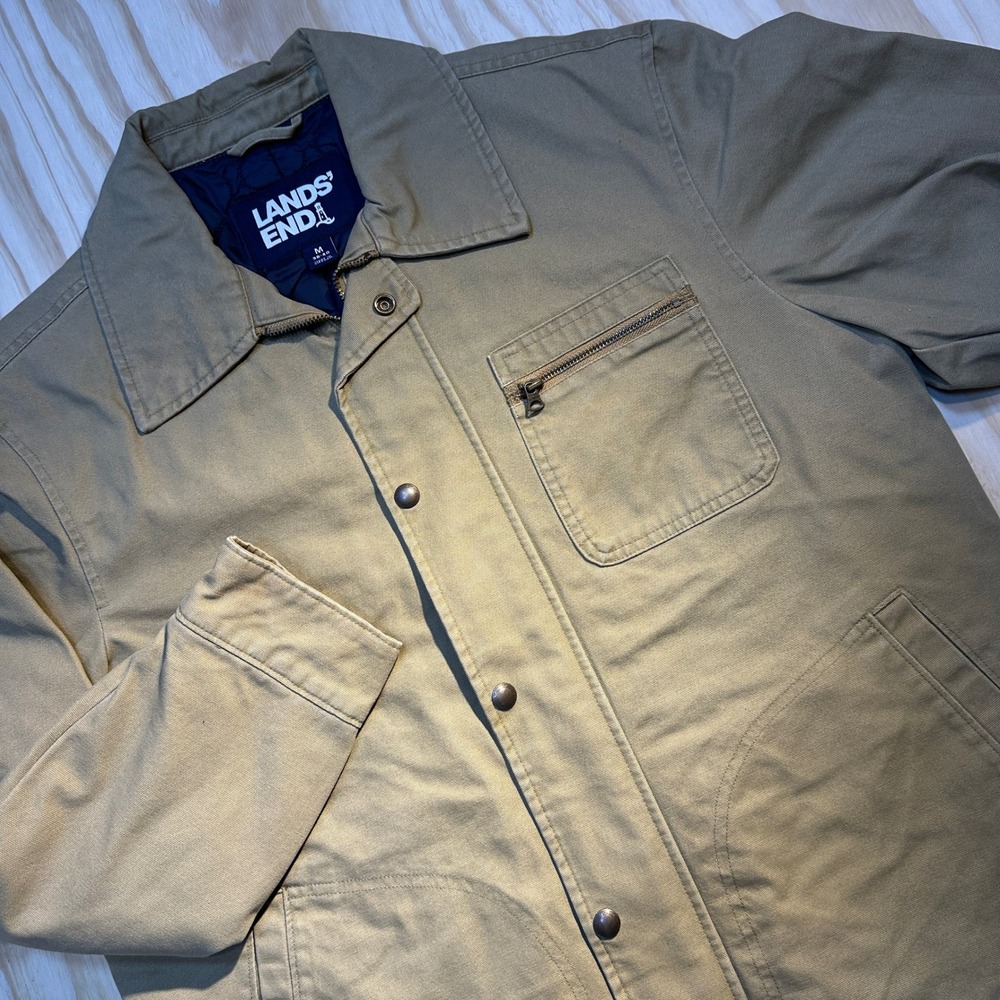 Lands' End Mens Khaki Tan Canvas Barn Jacket Size M Quilted Lining Utility Coat